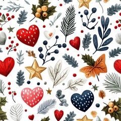 Colorful Christmas seamless pattern with Leaves, Berries, Stars, Hearts, and Floral Elements on a White Background