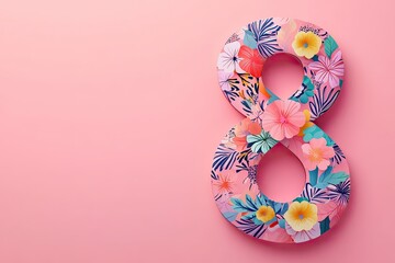 geometric vector design of abstract floral patterns forming number 8 on pastel pink background
