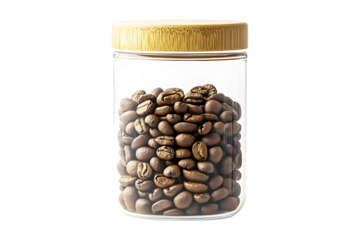 Coffee beans dark brown in glass jar clear tall isolated on cut out PNG or transparent background. High quality photo. Ideas for themes related to products. Preservation and storage.