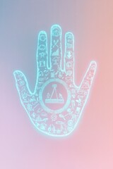 glowing handprint filled with diverse symbols of equality placed on matte pastel background with faint shadows
