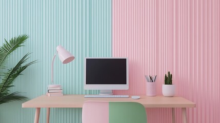 Elegant Pastel Themed Workspace with Soft Pink and Blue Walls, Featuring a Minimalist Desk, Potted Plants, and Modern Computer Setup for a Tranquil Work Environment