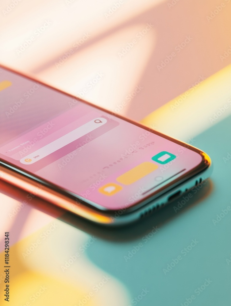 Poster close up of a modern smartphone in soft light showcasing a messenger chat with vibrant colors. gener