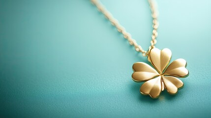golden clover pendant resting on smooth turquoise background with soft natural lighting