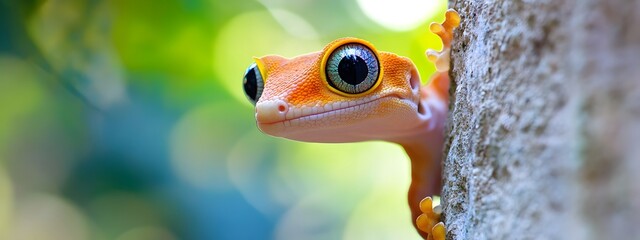 A gecko with orange and blue eyes peeking out from the wall