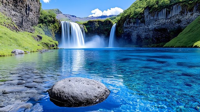 Majestic Waterfall Crystal Clear Pool Iceland Landscape
