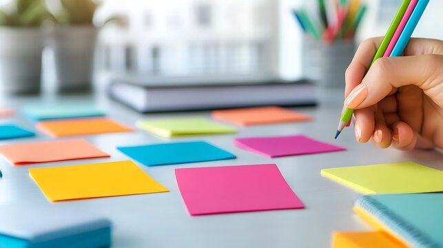 Clean and Vibrant Workspace Featuring Sticky Notes in Various Colors and a Hand Writing with a Pencil on a Bright Desk Surface