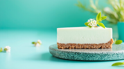 A slice of cheesecake with berries on plate, on pastel background, premium and style, design with empty space, bakery composition