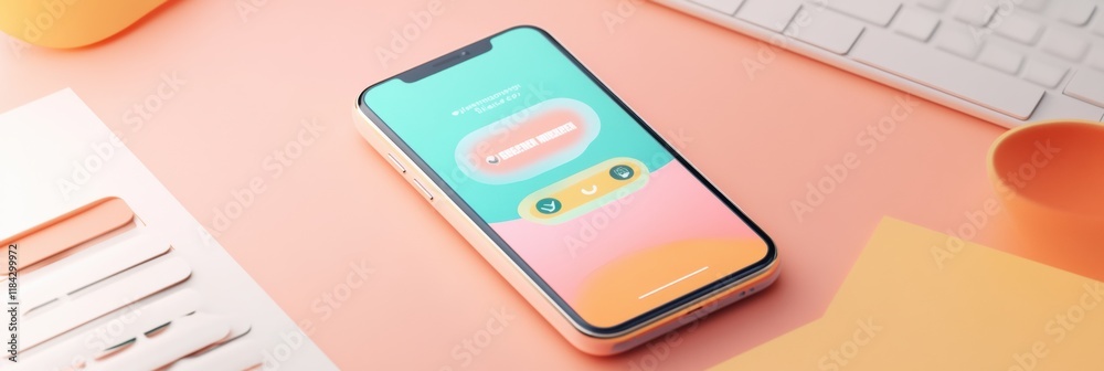 Poster modern smartphone close up showcasing a vibrant messenger chat on a pastel workspace with stationery