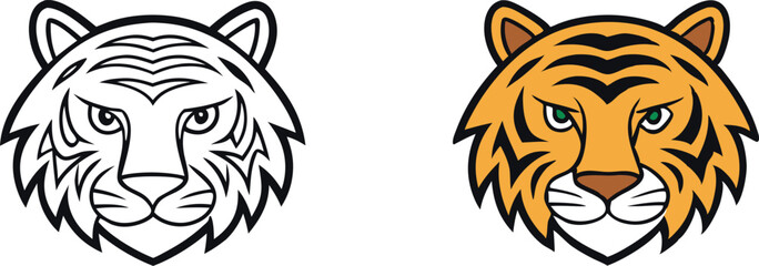 Tiger Head Illustrations Line Art and Color Version