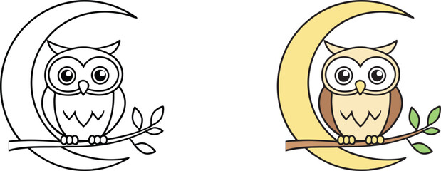 Adorable Owl Perched on Crescent Moon Branch Coloring Page
