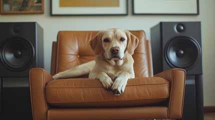 Cozy Labrador Relaxing on a Stylish Leather Armchair in a Modern Living Room with Large Speakers