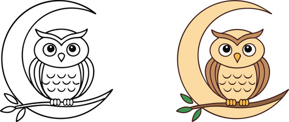 Adorable Owl Perched on Crescent Moon Coloring Page Design