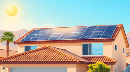 Rooftop solar panel installation on a tiled house, harnessing clean and renewable energy in Las Vegas Nevada desert home with palm tree