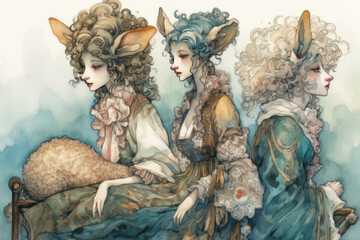three girls with unusual ears reminiscent of sheep. They are dressed in elegant dresses with lots of ruffles and lace, made in the Baroque style.  