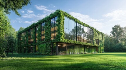 Naklejka premium A modern office building with green walls and glass windows, surrounded by lush grass.