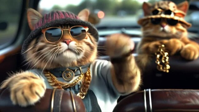 rich, important, fluffy cats in knitted hats and sunglasses, in chains and jewelry, riding in an open car, in a convertible, waving their paws with joy to the music, driving along a city street.