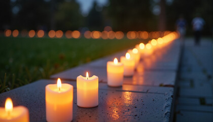 Fototapeta premium Candles glowing peacefully on a nighttime walkway, Day of Remembrance for the Victims Genocide in World War II