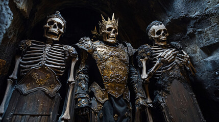 A forsaken crypt with weathered coffins. An undead lord rises, surrounded by skeletal guards in gold-embellished armor, raising their bony swords.
