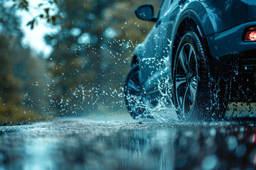 A car drives through a puddle on a rainy day, creating a splash of water and vibrant droplets in the air.