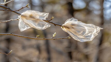 Plastic Bags Caught on Tree Branches in Forest