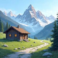 A cabin is nestled in a valley between two mountains. The cabin is surrounded by trees and the mountains are covered in snow. The scene is peaceful and serene
