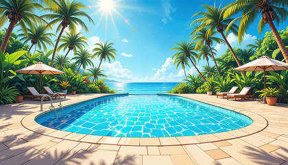 A breathtaking wide-angle view of a hand-drawn summer luxury pool set against a vibrant tropical background, capturing essence of a sunny day in midst of summer, with its artistic cartoon water textur