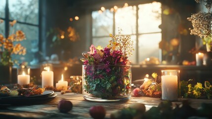 Cozy Autumn Table Setting with Candlelight and Floral Centerpiece in Rustic Kitchen Interior During Golden Hour