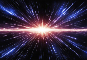 Fototapeta premium A radiant burst of light shines at the center, with streaks of white, yellow, blue, and purple extending outward, creating a dynamic cosmic effect.
