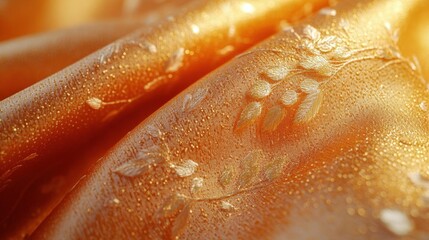 Close-up view of luxurious golden fabric with subtle floral pattern and elegant draping, showing rich texture and shimmer