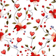 Vibrant Floral seamless pattern with Hearts and Berries on White Background for Creative Design Projects