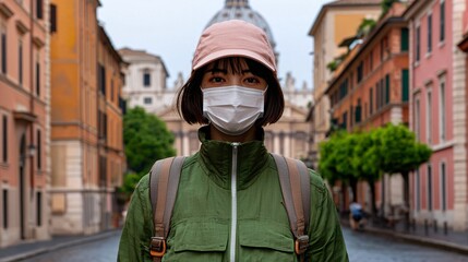 Obraz premium Woman wearing a face mask on a city street.