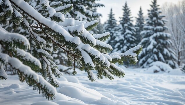 Snow-covered pine trees in a winter forest with frosty branches and a blue sky