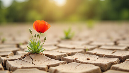 Poppy flower blooming on dry cracked earth, Day of Remembrance for the Victims Genocide in World War II