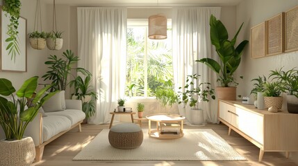 Bright and cozy living room filled with lush plants, natural wood furniture, and soft sunlight filtering through sheer curtains, creating a serene vibe. AI generative.