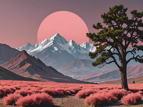 wallpaper representing a landscape with trees and mountains with a pink sun in the background. Together with pastel colors.