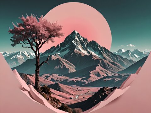 wallpaper representing a landscape with trees and mountains with a pink sun in the background. Together with pastel colors.