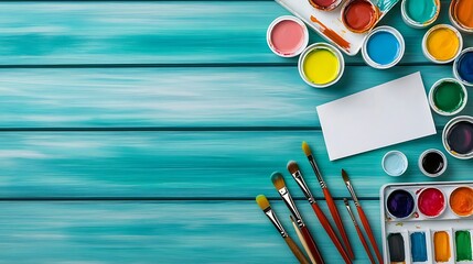 Creative Workspace of Artists with Neatly Arranged Brushes and Colorful Paints on a Vibrant Desk Surface
