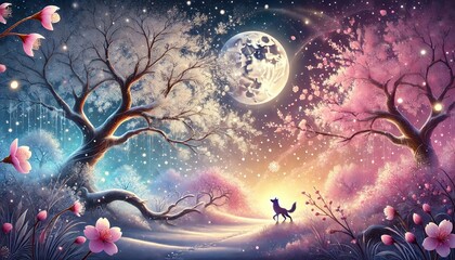 Naklejka premium A Serene and Fantastical Horizontal Storybook-Style Illustration of a Snowy Cherry Blossom Night Scene