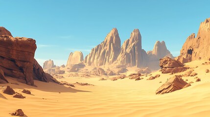 Naklejka premium A landscape with rocky formations in the foreground and a clear blue sky in the background. The scene appears to be a desert or arid environment.