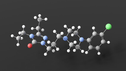 etoperidone molecule 3d, molecular structure, ball and stick model, structural chemical formula antidepressant