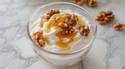 A clear bowl of Greek yogurt topped with honey and walnuts on a light marble countertop