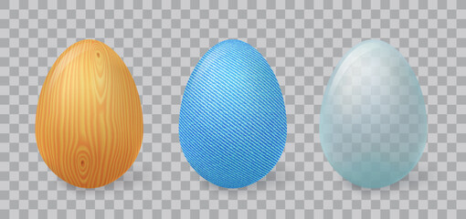 3d Easter eggs from glass, wood and blue jeans isolated on transparent background. Happy Easter icons set of wooden, clear and textile eggs, vector realistic illustration