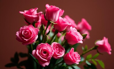 Vibrant pink roses, bouquet, dark background, soft lighting, close-up photography, romantic mood, floral arrangement, rich colors, velvety petals, fresh flowers, Valentine's Day theme, high contrast, 