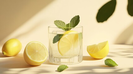 A clear glass of lemonade with mint leaves and lemon slices on a pale background