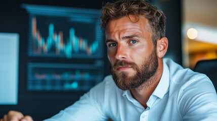 Confident adult caucasian man analyzing data in office setting, Quotes screen