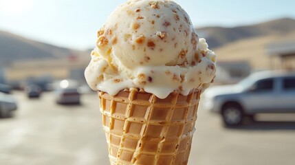 Close-up of Creamy Ice Cream Cone on a Sunny Day