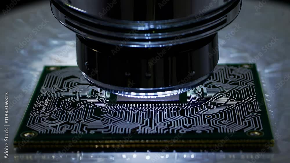 Poster high-resolution imaging of a microchip in a lab setting showcasing detailed electronic components