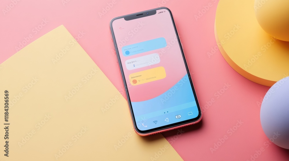 Poster modern smartphone displays vibrant messenger chat on colorful background. generative ai