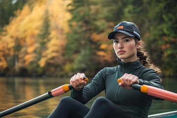 portrait of rower preparing their oar with vibrant forest and water softly blurred in background