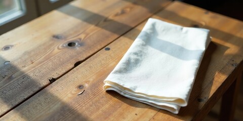 A simple off-white linen napkin sits folded on a rustic wooden table in the sunlight.